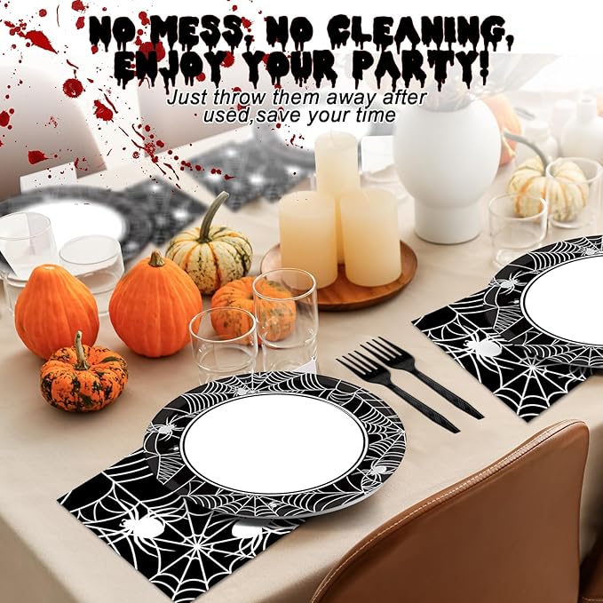 50 Guests Halloween Spider Web Plates and Napkins Party Supplies Spiderweb Party Decorations Disposable Tableware Black and White Halloween Dinnerware Favor for Get Together Celebration, 200PCS