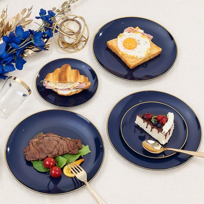 KIRE 350Pcs Blue and Gold Plates -Heavy Duty Navy Blue Dinnerware Set - 100 Plastic Plates 50 Pre Rolled Napkins with Gold Plastic Silverware 50 Cups for Upscale Birthday/Wedding/Parties