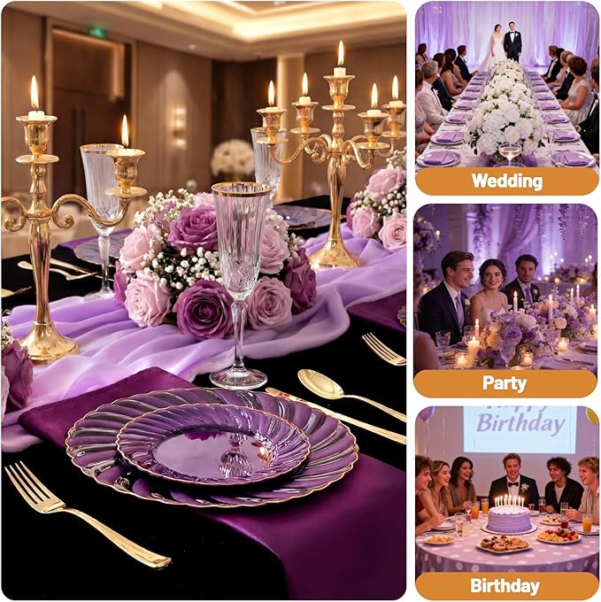 YOUBET 125PCS Purple Plastic Dinnerware Set - Gold and Clear Purple Disposable Plates Include 50 Plastic Plates 75 Silverwares for Wedding Birthday Parties & Mardi Gras Party