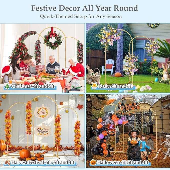 Balloon Arch Stand, 6FT,5FT,4FT Set of 3 Metal Gold Wedding Backdrop Arch Stand Kit with Base for Wedding Baby Shower Birthday Party Event Background Decoration Garden Floral Decor