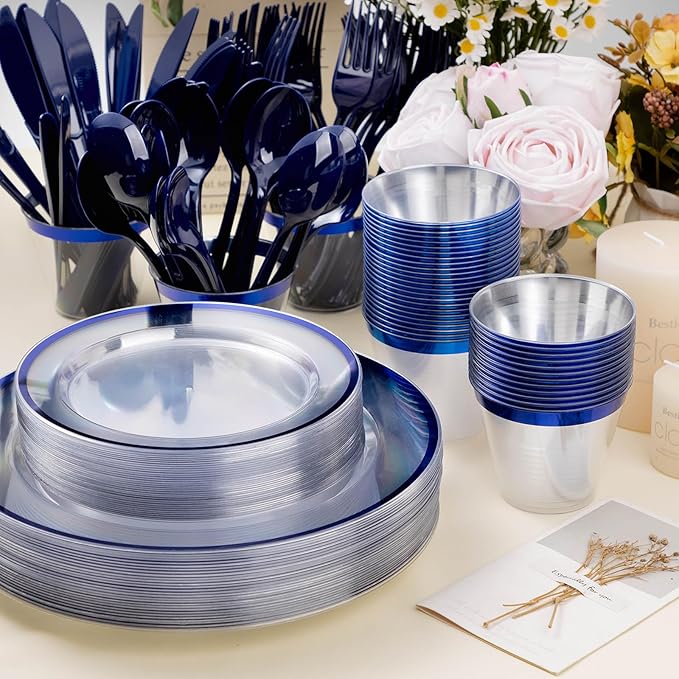 Beststar 350PCS Blue and Clear Plastic Dinnerware Sets for 50 Guests, Include 100 Blue Disposable Plates, 100 Forks, 50 Knives, 50 Spoons, 50 Cups,christmas party supplies