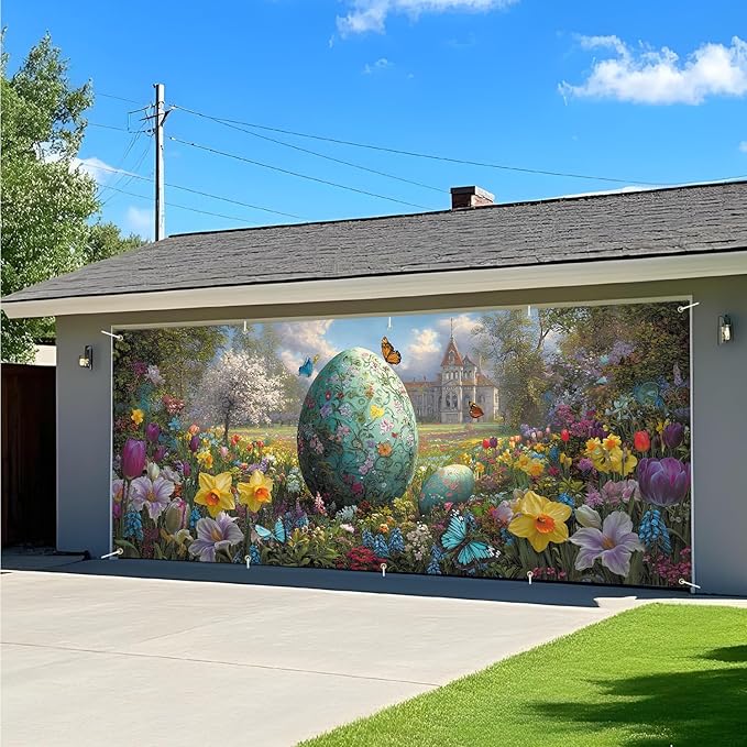 Floral Easter Egg Garden Garage Door Banner 7x16FT, Colorful Eggs & Spring Flowers Garage Door Cover, Outdoor Decoration for Easter & Spring