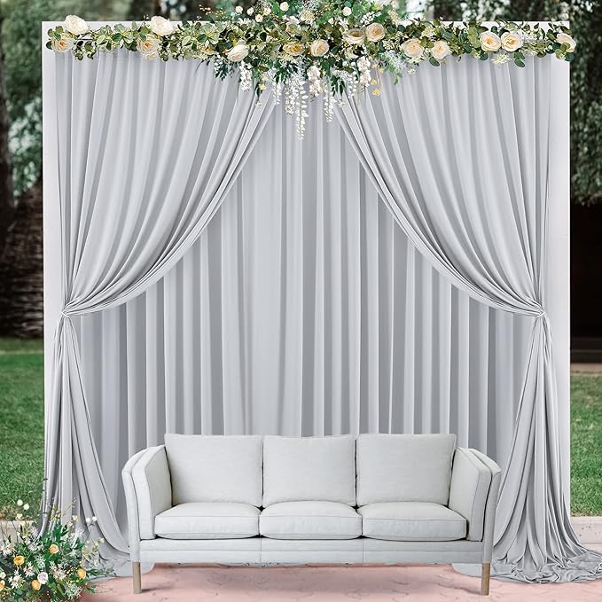 20ft×8ft Wrinkle Free Silver Grey Backdrop Curtains for Parties Wedding, 4 Panels 5×8ft Thick&Silky Polyester Silver Photo Backdrop Drapes Curtain for Birthday Baby Shower Photography Baptism