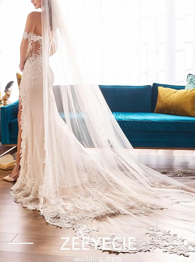 Zeeyecie Mermaid Tulle Wedding Dresses Lace Applique Corset V-Neck Sparkly Bridal Gowns with Train for Brides