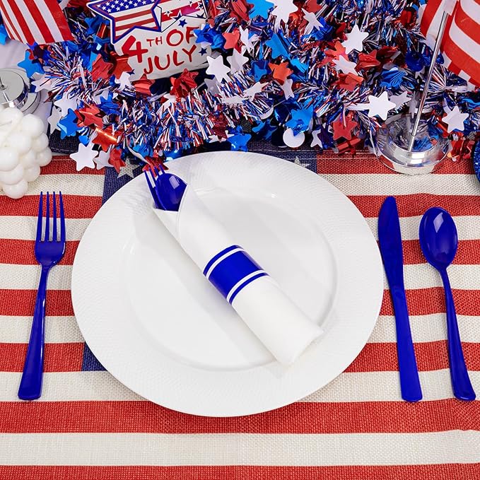 Liacere 100Pack Pre Rolled Blue Silverware and Napkin-Disposable Blue Plastic Utensils-Plastic Cutlery Set with Napkin:100 Forks,100 Knives,100 Spoons,100 Napkins for Wedding&Martin Luther King Jr Day