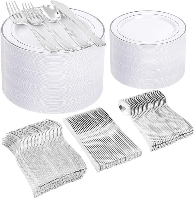 I00000 600pcs Silver Dinnerware Set for 100 Guests, Silver Plastic Plates Plastic Silverware Set of 100 Dinner Plates, 100 Salad Plates, 200 Forks, 100 Spoons,100 Knives for Party & Wedding