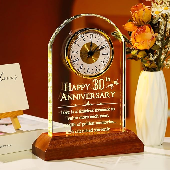 YWHL 30th Wedding Anniversary Clock Gifts for Couple, 30 Years Anniversary Glass Gift for Wife Husband, Table Clock Glass Presents with Wooden Light Base for HomeDecoration (Battery not Included)