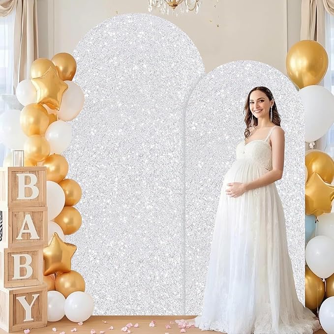FUHSY Silver Arch Cover 7.2 and 6FT Sequin Arch Backdrop Cover Set of 2 Spandex Wedding Arched Covers Stretchy Backdrop Sparkle Chiara Backdrops Covers for Birthday Party Bridal Shower Ceremony Decor