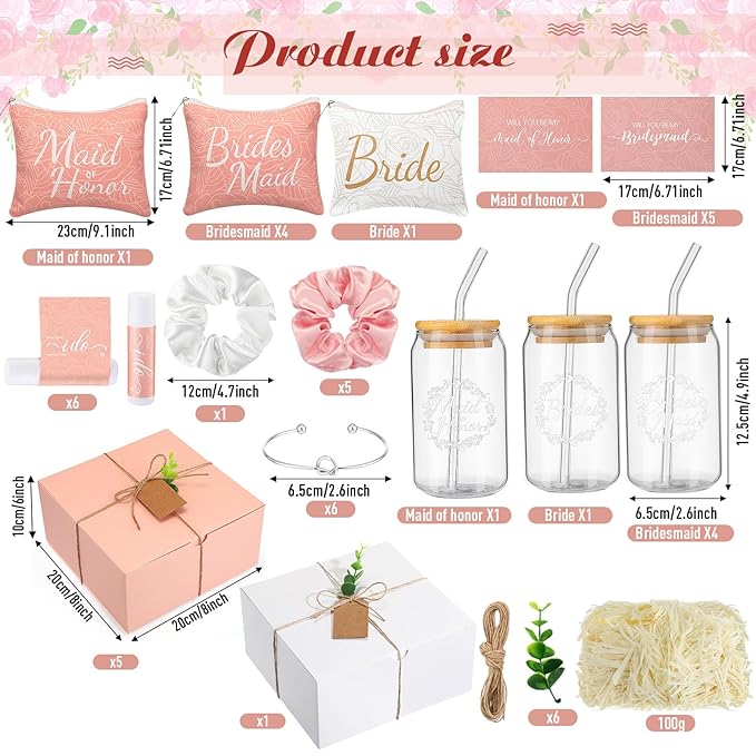 54 Pcs Bridesmaid Proposal Gifts, Maid of Honor Gift Include Wedding Gift Box Makeup Bag Invited Card Glass Cup Lip Balm Scrunchie Bracelet for Bridal Shower Bachelorette Party(Pink, White)