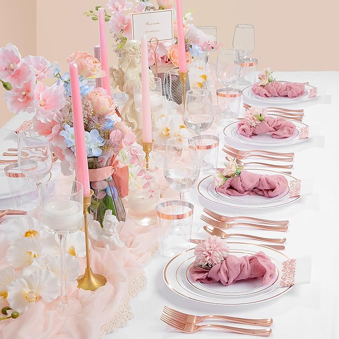 Supernal 400pcs Rose Gold Plastic Plates Disaposable Heavy Duty included Disposable Utensils& Plastic Party Plates Disaposable Party Cups and Napkins Sets for Wedding Party and Birthday