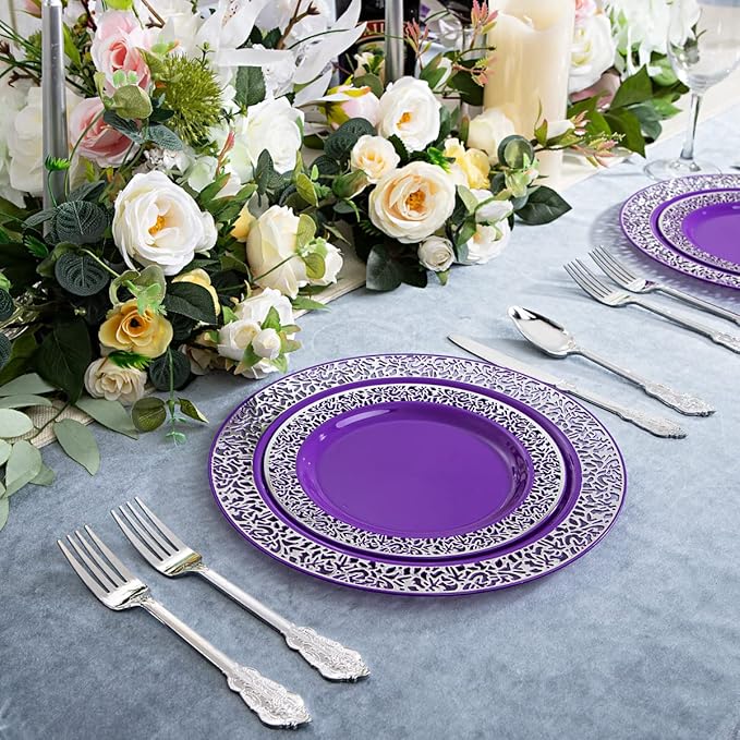 U-QE 150PCS Purple Silver Plastic Plates with Silver Silverware, Silver Party Supplies for 30 Guests Include 30 10.25" and 30 7.5" Plates, 30 Forks, 30 Knives, 30 Spoons