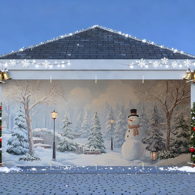 Garage Door Banner 7x16FT, Winter Snow Park & Snowman Garage Door Cover, Large Outdoor Xmas Decoration for Double Garage, Yard, Fence & Holiday Parties