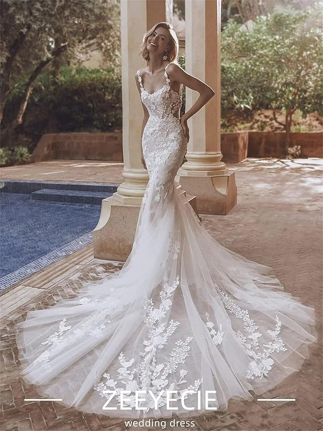 Zeeyecie Mermaid Tulle Wedding Dresses Lace Applique Corset V-Neck Sparkly Bridal Gowns with Train for Brides