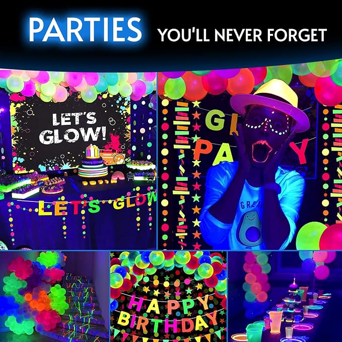 Glow King Neon Balloons - Fluorescent Neon Glow Party Balloons - Blacklight Reactive Party Supplies - Neon Party Decorations for Black Light Parties - (50)