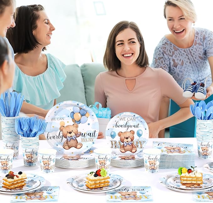 Dandat 350 Pcs Baby Shower Plates Set Baby Shower Party Supplies Serves 50 Tableware Sets Include Plates Napkin Cup Forks Knives Spoons Disposable Dinnerware(Bear,Blue)