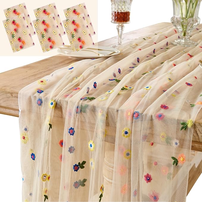 6PCS Champagne Floral Table Runner 10 FT, Embroidery Daisy Table Runners Seasonal Spring Summer Sheer Tulle Dining Table Decor for Home Party Birthday Decor 29x120 Inch ﻿