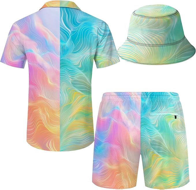 Men's Hawaiian Shirt and Shorts Set 2 Piece Beach Outfits with Bucket Hats for Beach Days and Summer Vibes