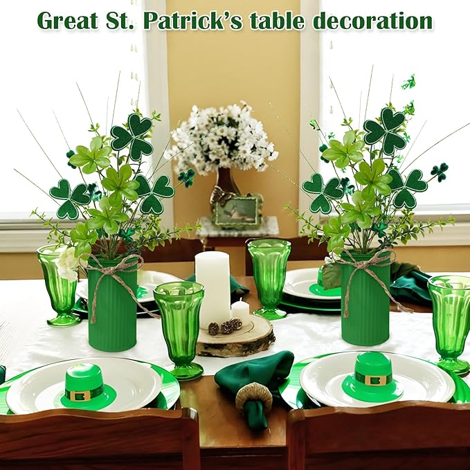 TORONTOKYO 6Pcs St Patricks Day Decorations Artificial Potted Plant Green Shamrock Stems Floral Picks Small Fake Plant for Home Party Table Centerpiece Decor