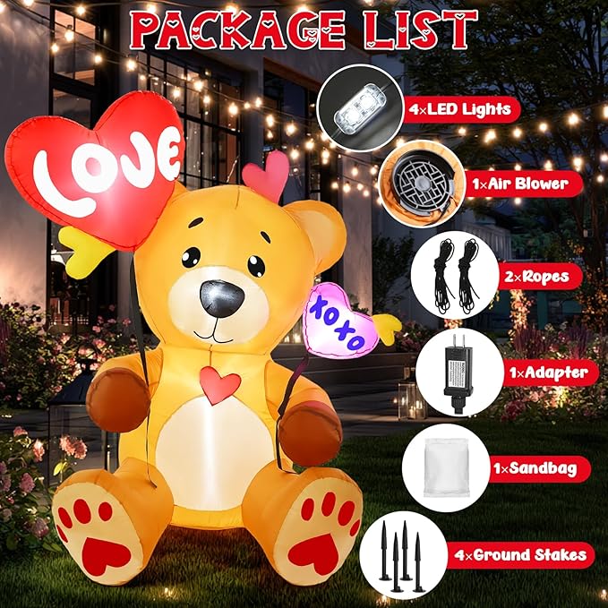 LETIME 5 FT Valentine's Day Inflatable Outdoor Decorations Bear with 2 Heart Balloons LED Lighted Valentines Blow up Yard Decoration for Party, Anniversary, Wedding, Propose, Garden, Lawn