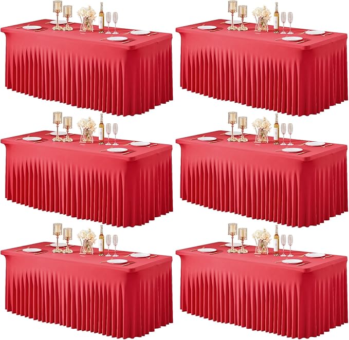 6 Packs Red Table Clothes for 8 Foot Rectangle Tables, Wrinkle Resistant Stretch Spandex Table Covers Fitted Tablecloth with Skirt for Valentines Event Banquet Wedding Birthday Party
