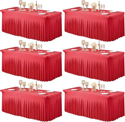 6 Packs Red Table Clothes for 6 Foot Rectangle Tables, Wrinkle Resistant Stretch Spandex Table Covers Fitted Tablecloth with Skirt for Valentines Wedding Birthday Party Event Banquet