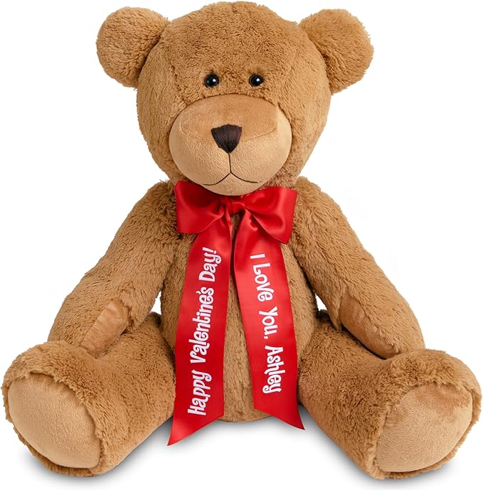 Let's Make Memories Personalized Teddy Bear - 27" Tall Plush Stuffed Animal for Her Him Kids - Valentines Day - Birthday - Love - Custom Message or Names - Bear with Red Satin Ribbon - Oversized