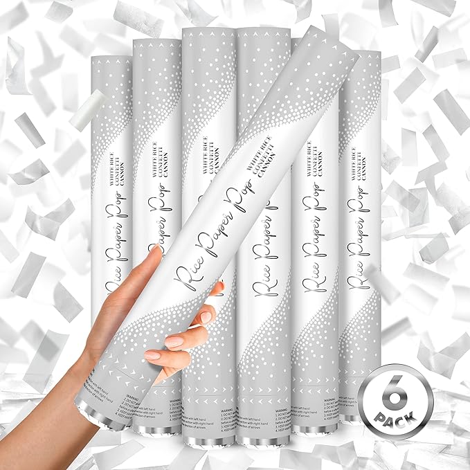 White RICE Paper Confetti Cannon - 16" Rice Paper Biodegradable Party Popper, Compressed Air Popper, Loud Pop, For Wedding Confetti Send Off/Sparklers, Wedding Supplies & Decorations, Shoot Up to 40ft