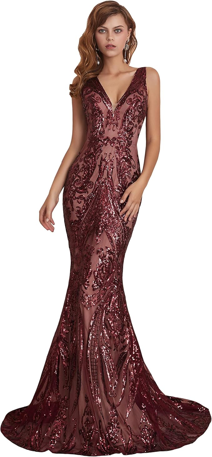 Women's Double V-Neck Sequins Lace-up Mermaid Evening Dress