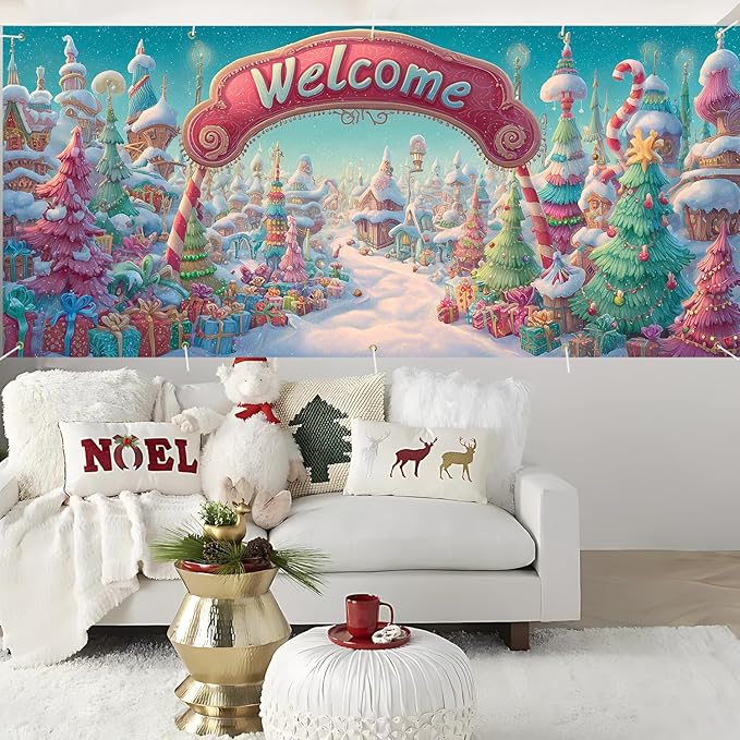 Christmas Welcome Garage Door Banner 7x16FT Candy Village Scene, Xmas Garage Door Cover for Outdoor Decorations & Holiday Parties