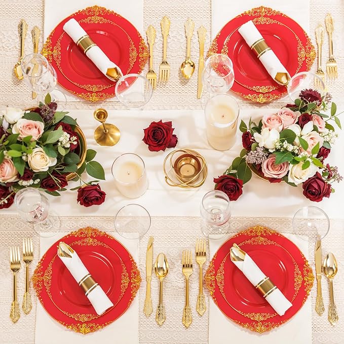 Nervure 100PCS Red and Gold Plastic Plates - 10.25inch Red Disposable Plates - Heavyweight Dinner Plate for Wedding & Party