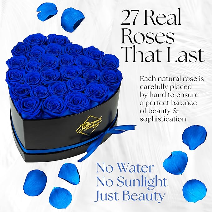 GLAMOUR BOUTIQUE 27 Flower Forever Heart Shape Box, Eternal Preserved Roses Gift for Her, Lasting Flowers, Premium Floral Heart Box for Birthday, Anniversary or Valentine’s Day, Blue (Color-Treated)