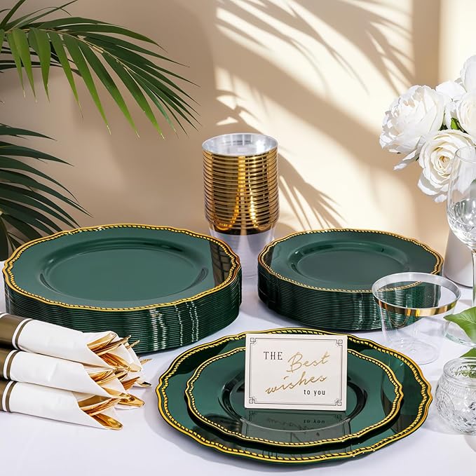 Hioasis 350pcs Green Gold Plastic Plates - Gold Plastic Dinnerware Set Includes 50 Dinner Plates, 50 Dessert Plates, 50 Gold Utensils, 50 Napkins Perfect for Wedding & Party