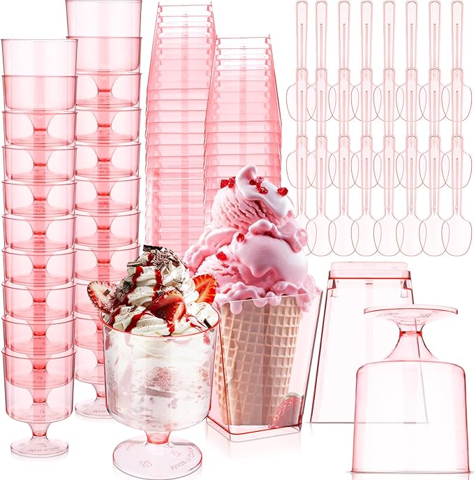 300 Pcs Dessert Cups with Spoons Mini Clear Plastic Dessert Parfait Cup Round Goblet Square Glasses Plastic Spoons for Fruit Ice Cream Cake Wedding Party Supplies (Pink)