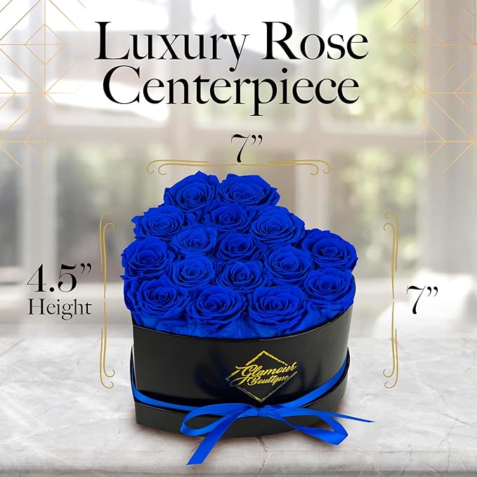 GLAMOUR BOUTIQUE 16 Flower Forever Heart Shape Box, Eternal Preserved Roses Gift for Her, Lasting Flowers, Romantic Floral Keepsake for Birthday, Anniversary or Valentine’s Day, Blue (Color-Treated)