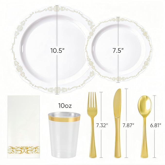 350 PCS White and Gold Disposable Plates, Elegant Dinnerware Set for 50 Guests, 100 Plastic Plates, 150 Silverware, 50 Cups & 50 Paper Napkins, White and Gold