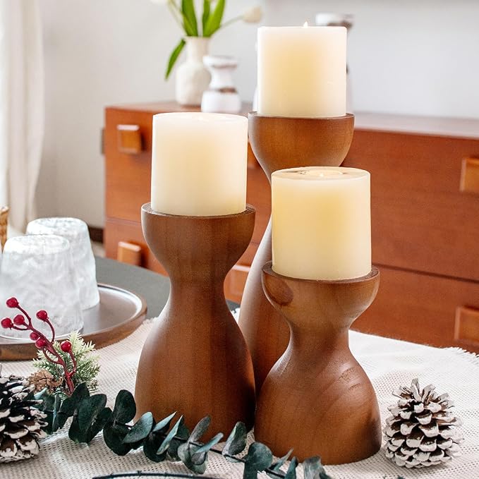 Set of 3 Farmhouse Wooden Candle Holders for Pillar Candles, Brown Rustic Wood Pillar Candle Stands Table Centerpiece Decor for Fireplace, Living, and Dining Room
