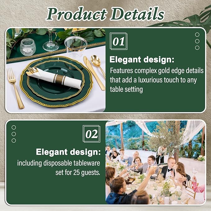 Hioasis 175pcs Green Gold Plastic Plates - Gold Plastic Dinnerware Set Includes 25 Dinner Plates, 25 Dessert Plates, 25 Gold Utensils, 25 Napkins Perfect for Wedding & Party