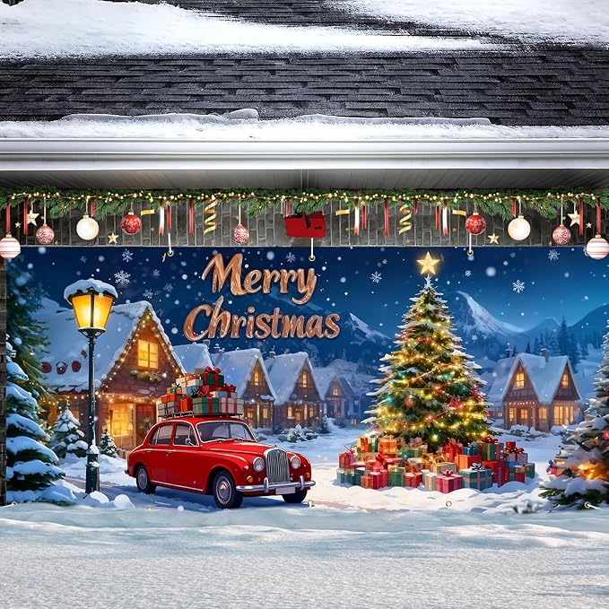 Merry Christmas Garage Door Banner 7x16FT Snowy Village Scene with Car & Tree, Holiday Garage Door Cover for Outdoor Xmas Decorations