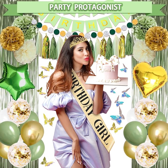 222 Pcs Sage Green Happy Birthday Decorations, Birthday Decorations for Women or Girl Kit- Disposable Dinnerware Set with 25 Guest, Balloons, Sash, Tiara, Banner, Paper Pom Poms
