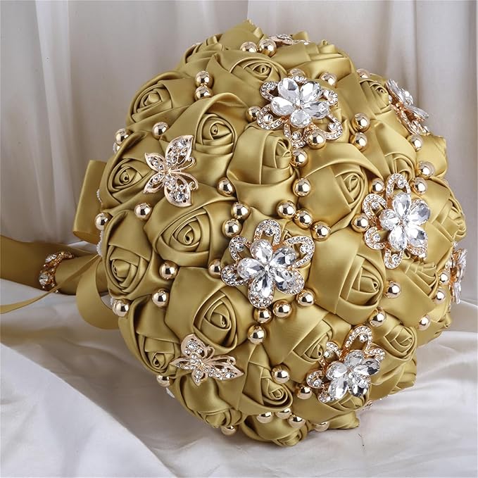 Bridal Wedding Bouquet for Bride Bridesmaid Wedding Quinceanera Throw Toss Artificial Rose Flower Bunch with Bling Brooch (66#LightGold, Small (Dia. 7.5"/18cm))