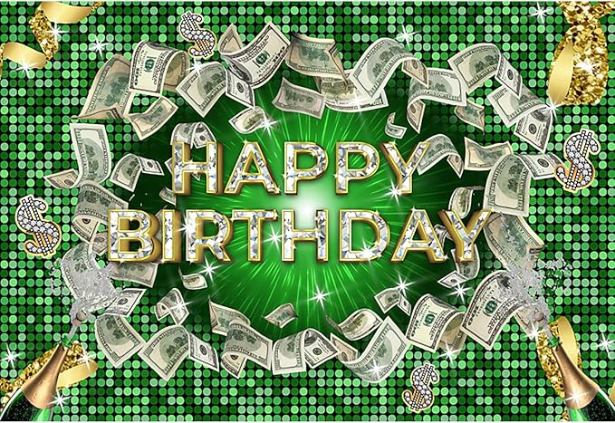 Renaiss 10x8ft Green Money Themed Birthday Backdrop Dollar Bills Birthday Photography Background Champagne Diamonds Luxury Money Casino Billions Theme Bday Party Decorations Photo Booth Props