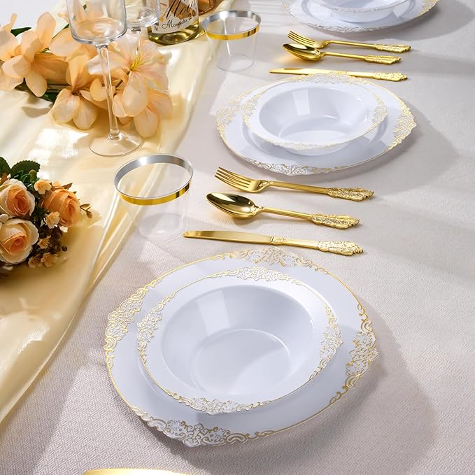 100 Pack White Plastic Bowls with Gold Relief Rim, 12oz Plastic Salad Bowl, Disposable Bowls for Party, Dinners, Weddings, Christmas, Thanksgiving, Valentine's Day