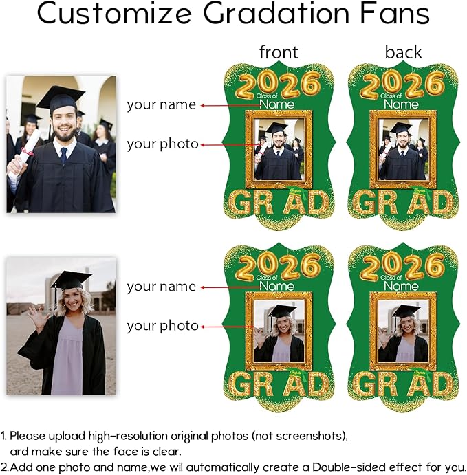 Personalized Graduation Double Sided Face Fan Class of 2026 Customized Graduation Head Face Cutout with Handle Fun Photo Prop Supplies(A-Green and Gold,12pcs)