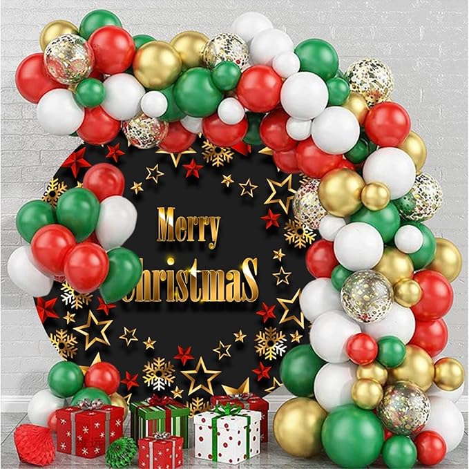 Merry Christmas Round Backdrop Cover 7ft Gold Snowflakes Pentagram Red Bow Tie Happy New Year Circle Photography Background Festival Xmas Eve Winter Party Family Portrait Props Decor
