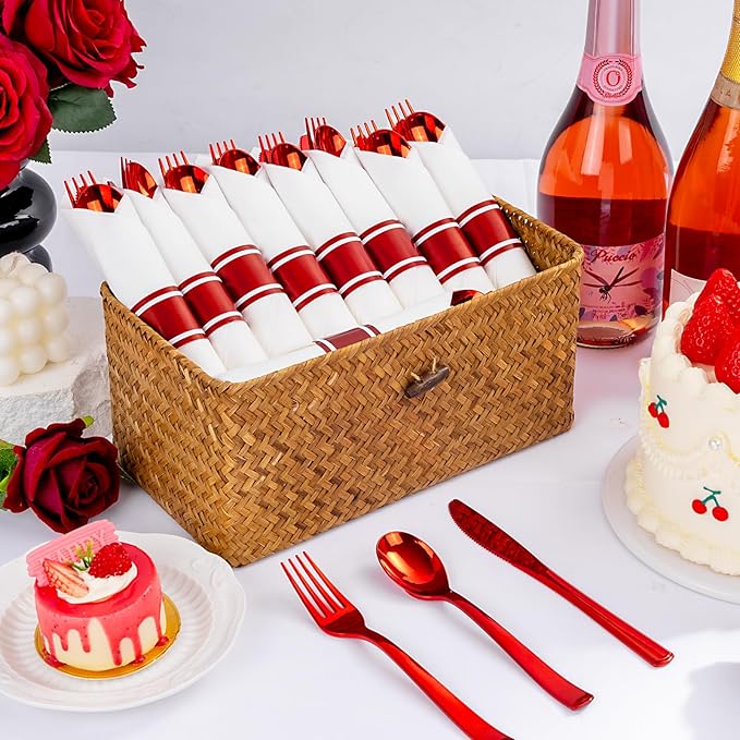 400PCS Pre Rolled Red Plastic Silverware Sets - Heavy Duty Red Cutlery - Include 100 Pack Wrapped Disposable Utensils with Napkins for Valentine's Day Parties & Dinners & Weddings