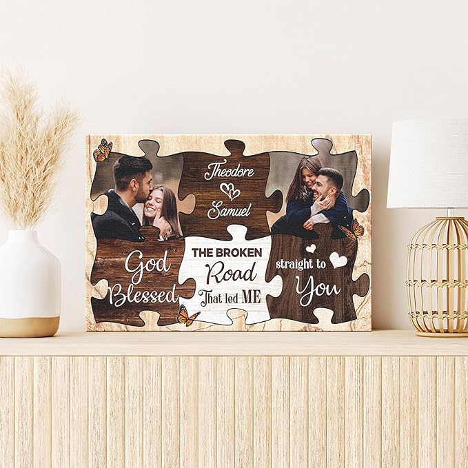 Dem Canvas Personalized Couple Canvas Prints, Custom Love Photo And Name, Puzzle Piece Frame God Blessed The Broken Road, Wedding Gifts For Couple Anniversary Engagement Gift For Couples