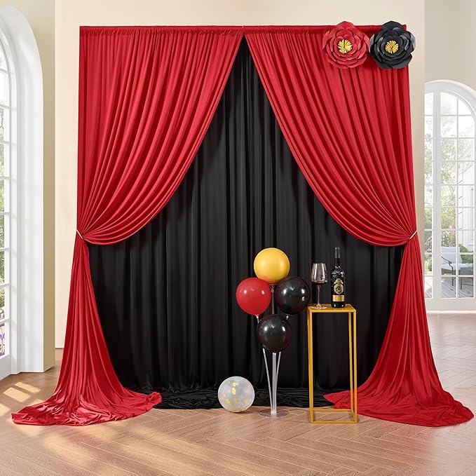 50ft×8ft Red Wrinkle Free Backdrop Curtains for Parties, 10 Panels 5×8ft Soft Silky Photo Backdrop Drapes for Wedding Birthday Party Baby Shower Mother's Day Red Themed Party Photography