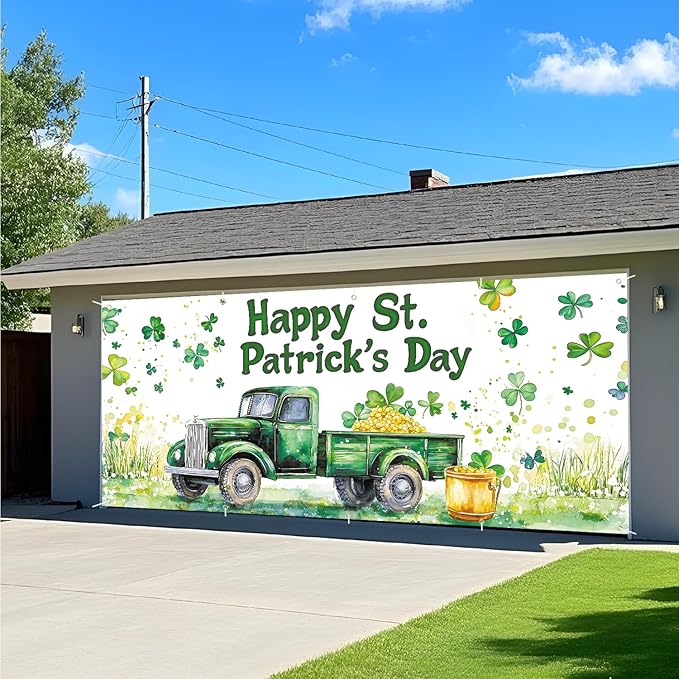 St. Patrick’s Day Garage Door Banner 7x16FT, Green Truck & Shamrocks Garage Door Cover, Festive Outdoor Decoration for St. Patrick’s Day Parties and Yard