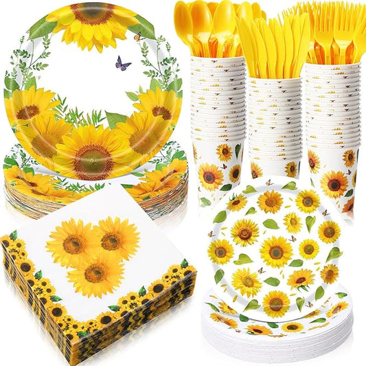 Pickmesh 400 Pcs Sunflower Party Supplies for 50 Guests Disposable Plates Napkins Cups Spoons Forks Knives for Birthday Wedding Bridal Shower Baby Shower Sunflower Table Decorations