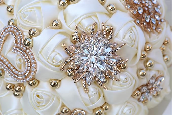 Bridal Wedding Bouquet for Bride Bridesmaid Wedding Quinceanera Throw Toss Artificial Rose Flower Bunch with Bling Brooch (07G#Ivory, Medium (Dia. 8.7"/22cm))